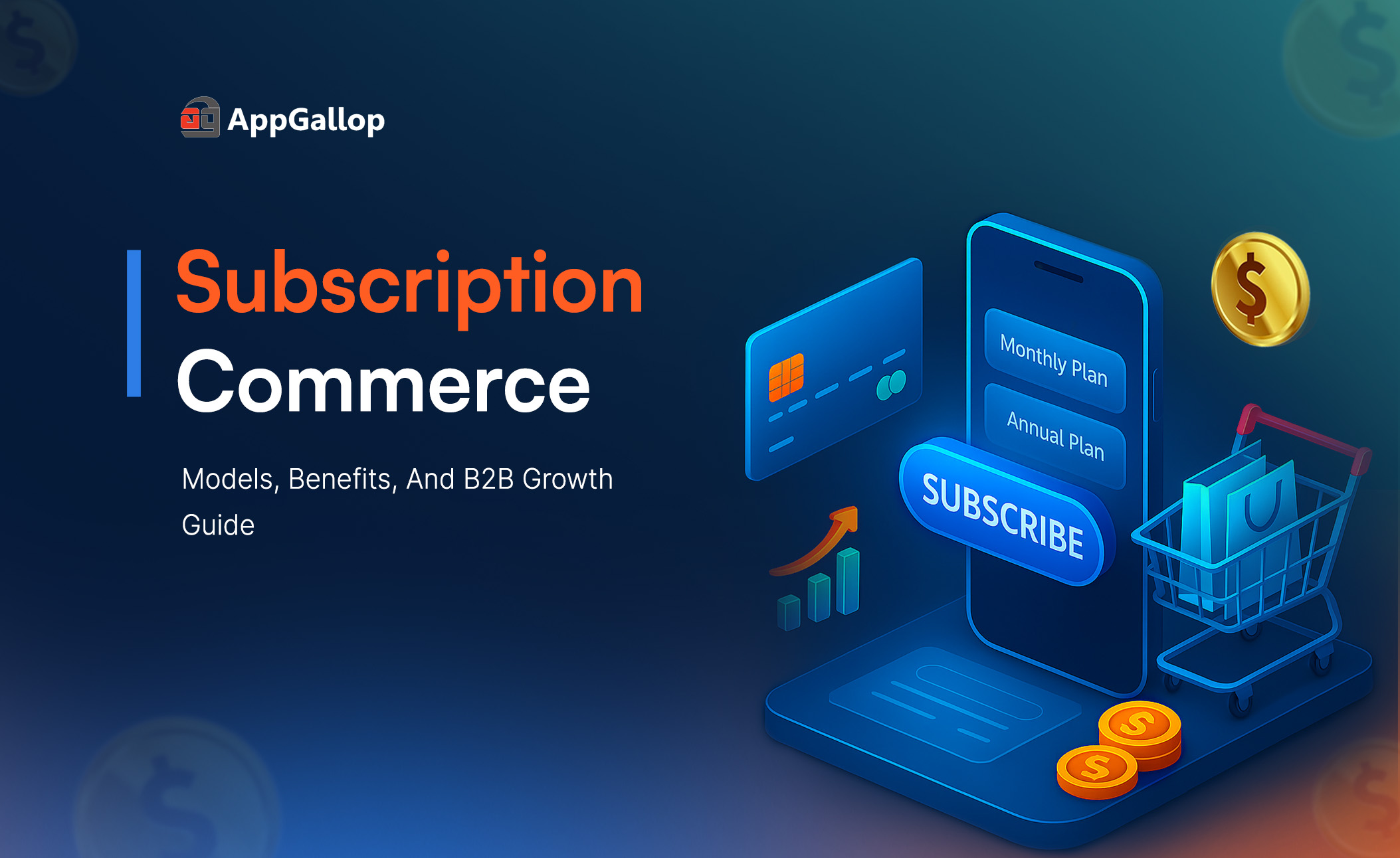 Subscription commerce visual showing mobile plans, subscribe button, and B2B recurring revenue concept.