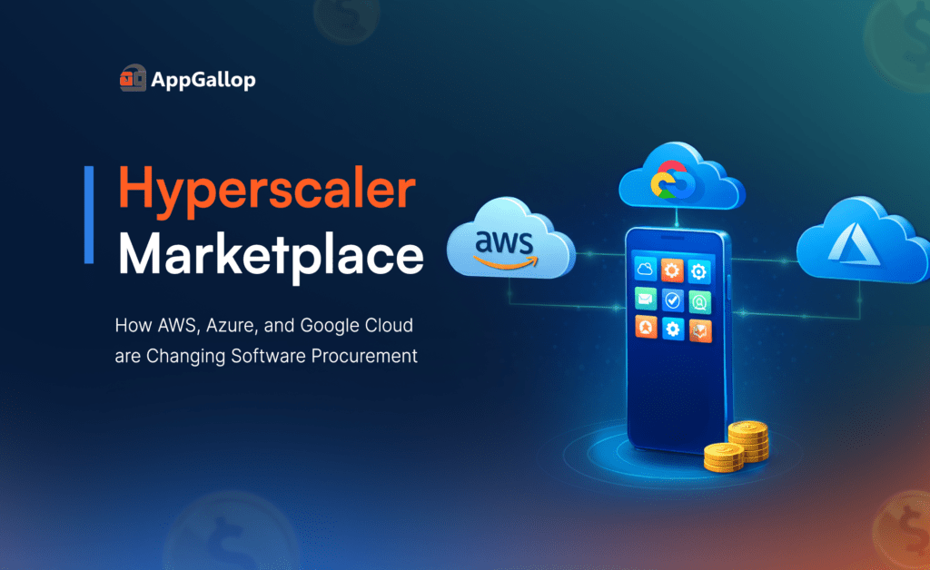 Hyperscaler marketplace showing AWS, Azure, and Google Cloud enabling software procurement and cloud billing through marketplaces